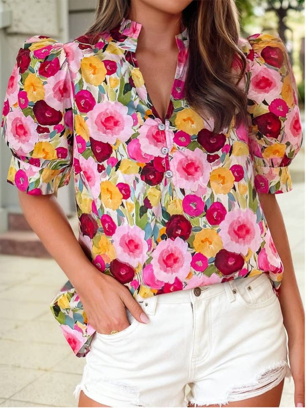 entro Floral Frilled V Neck Puff Short Sleeve Blouse • Pink Sz L